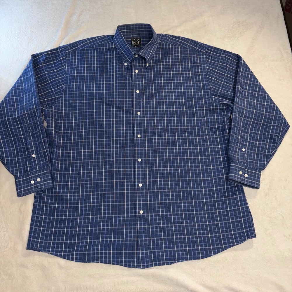Jos. A. Bank Mens XL Blue Grid Check Button Down Shirt 100% Cotton Long Sleeve